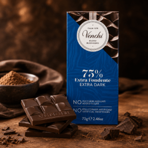 Venchi 75% extra dark chocolate bar with intense cocoa flavour and no added sugar