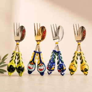 Hand-painted Italian serving fork and spoon set with ceramic handles and stainless steel construction made in Italy