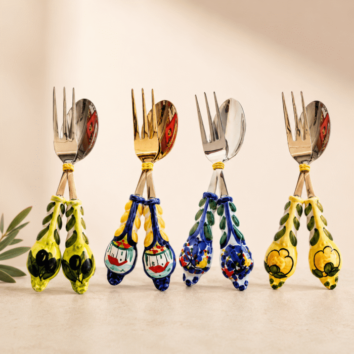 hand-painted-italian-serving-fork-and-spoon-set Hand-painted Italian serving fork and spoon set with ceramic handles and stainless steel construction made in Italy