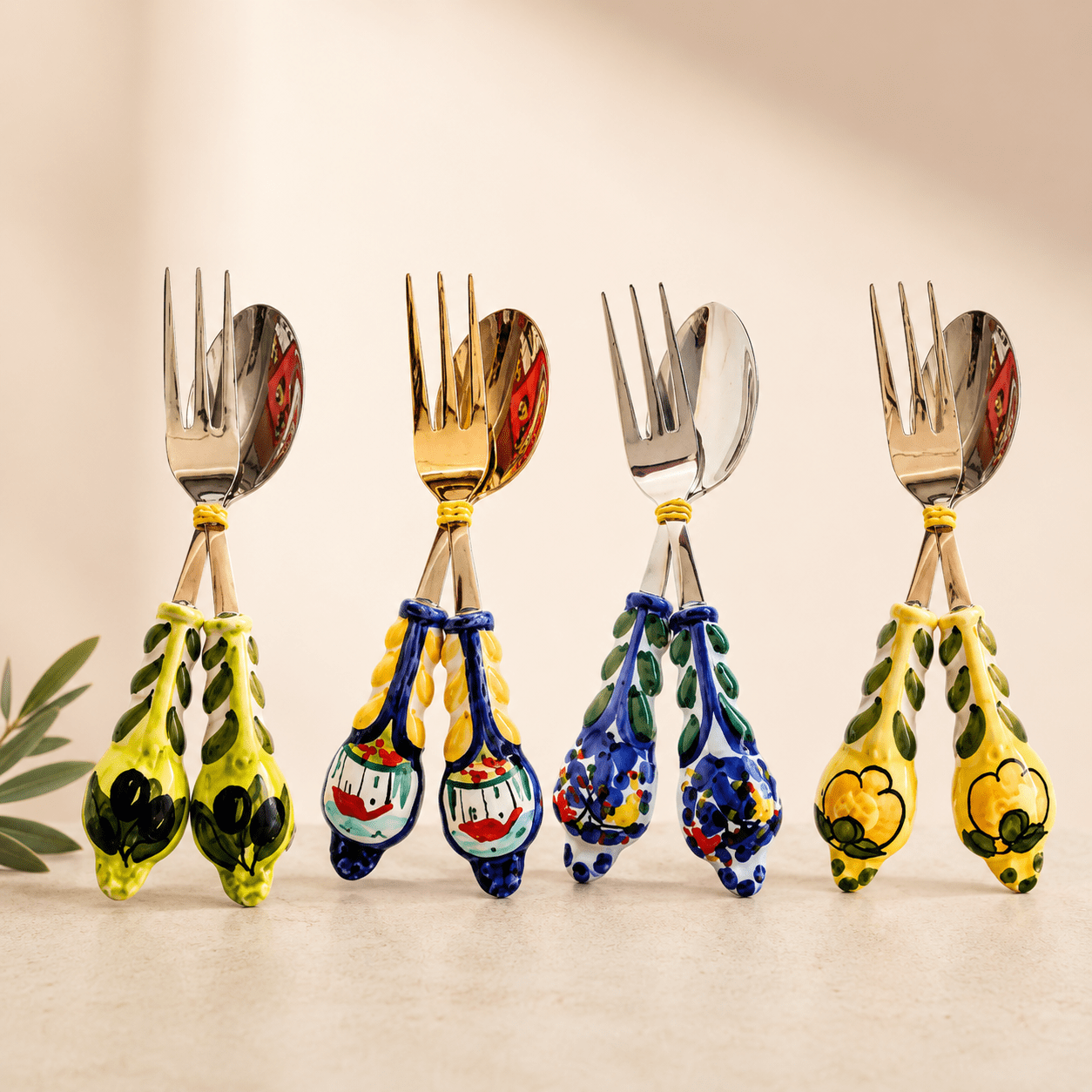 hand-painted-italian-serving-fork-and-spoon-set Hand-painted Italian serving fork and spoon set with ceramic handles and stainless steel construction made in Italy