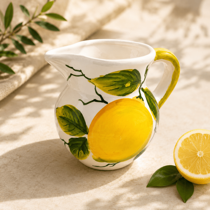 hand-painted-italian-ceramic-jug-025l-lemon-design Hand-painted Italian ceramic jug with lemon design and 0.25L capacity handmade in Perugia, Italy