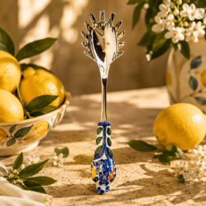 Hand-painted Italian ceramic spaghetti ladle fiore-inspired decoration made in Perugia, Italy