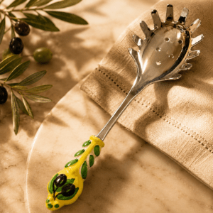 Hand-painted Italian ceramic spaghetti ladle olive-inspired decoration made in Perugia, Italy