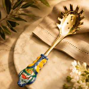 Hand-painted Italian ceramic spaghetti ladle Toscana-inspired decoration made in Perugia, Italy