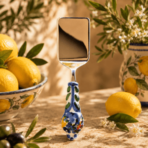 Hand-painted Italian stainless steel lasagne server fiore-inspired ceramic decoration made in Perugia, Italy