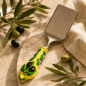 Hand-painted Italian stainless steel lasagne server with olive design ceramic made in Perugia, Italy