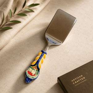Hand-painted Italian stainless steel lasagne server with Toscana design ceramic made in Perugia, Italy