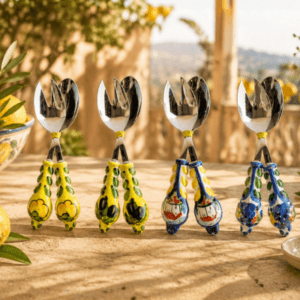 Hand-painted Italian salad tongs set with ceramic handles and stainless steel construction made in Italy