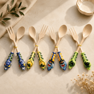 Hand-painted Italian wooden fork and spoon set handmade in Italy with artisan decorations