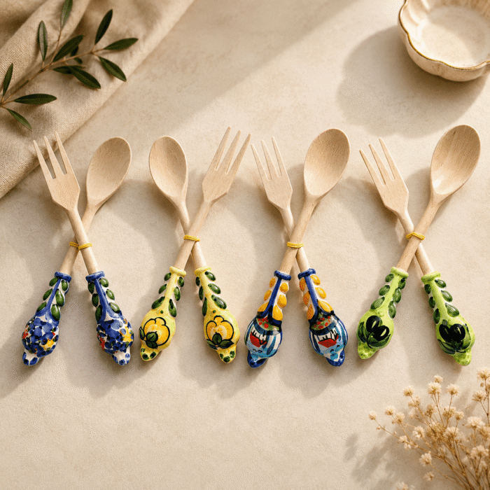 Hand-painted Italian wooden fork and spoon set handmade in Italy with artisan decorations