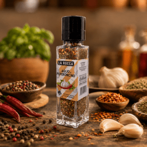 Italian Aglio Olio Peperoncino seasoning with grinder cap in reusable glass bottle made in Italy