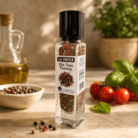 Italian mixed peppercorn grinder with black white green and pink pepper in reusable glass bottle