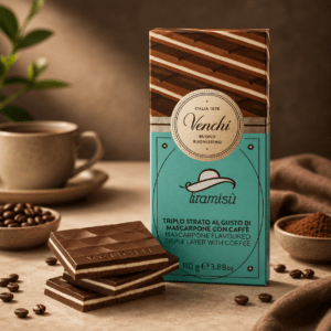 Italian venchi tiramisu chocolate bar with coffee layers, mascarpone cream, and dark chocolate